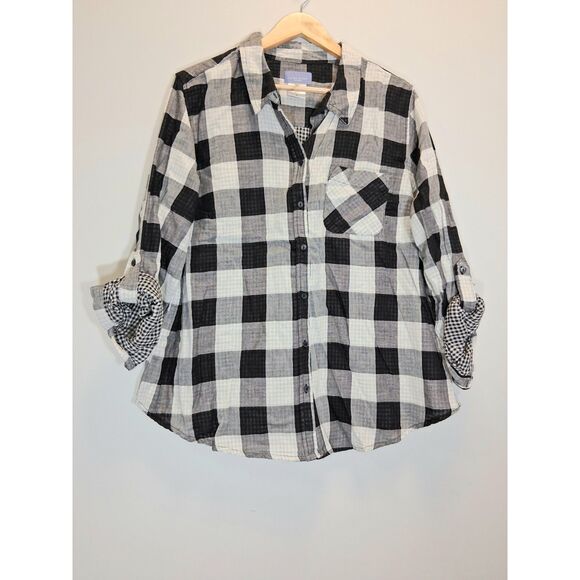 womens 1X Laura Scott blouse black white plaid gauzy cotton roll tab collared - Picture 4 of 9
